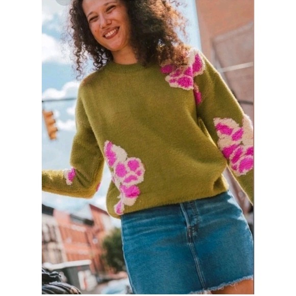 FRNCH Sweaters - FRNCH Paris Ulyssia Floral Appliqué Sweater Green Pink SOFT COZY Boho Size Large